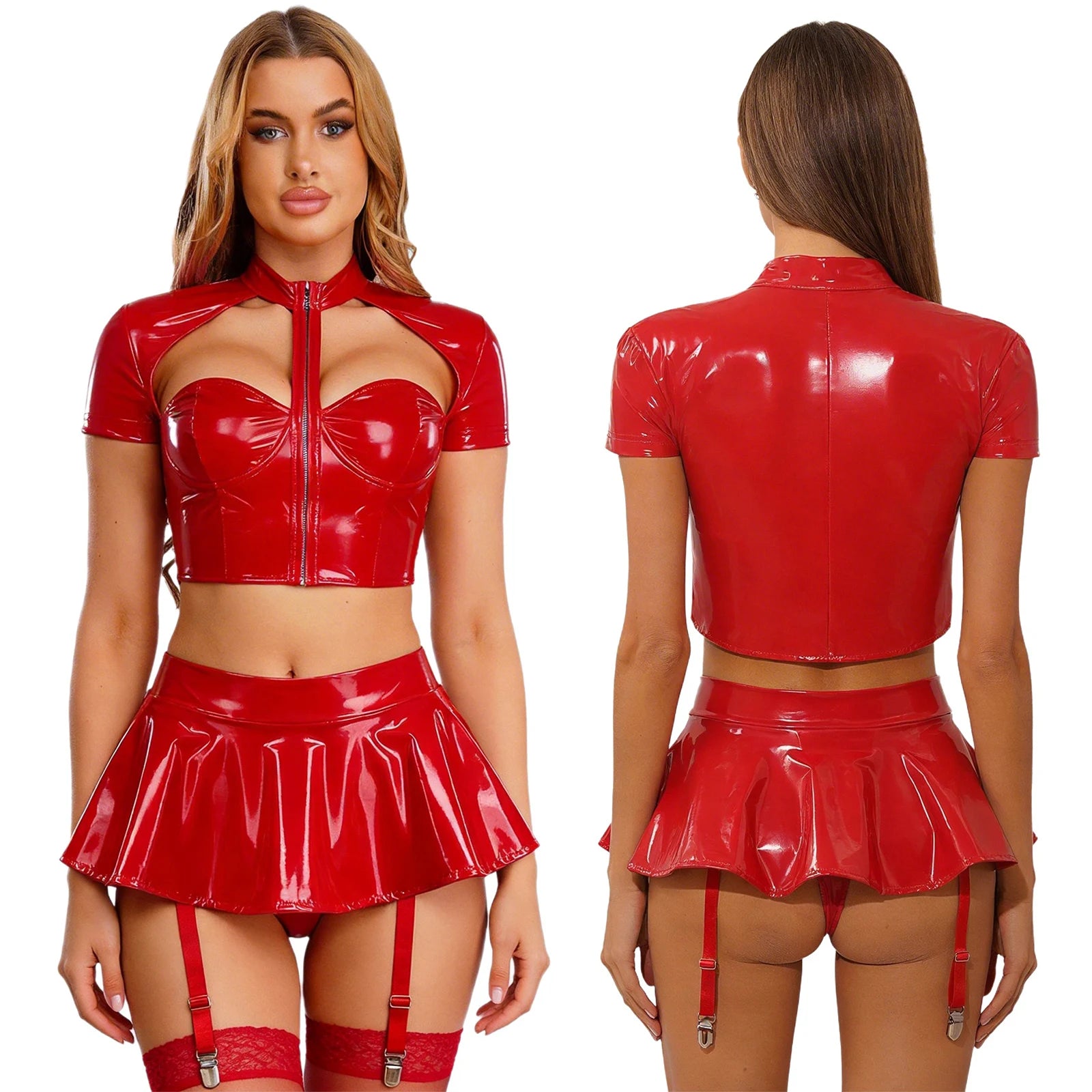Womens Sexy Lingerie PU Leather Push-up Underwire Cutout Short Sleeve Crop Top And Thongs Miniskirt for Raves Pole Dance
