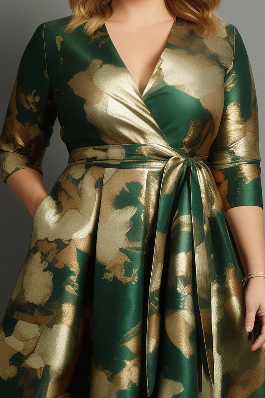 Plus Size Cocktail Dark Green Satin Floral Print Wrap 3/4 Sleeve Sexy V-neck Tea-Length Dress