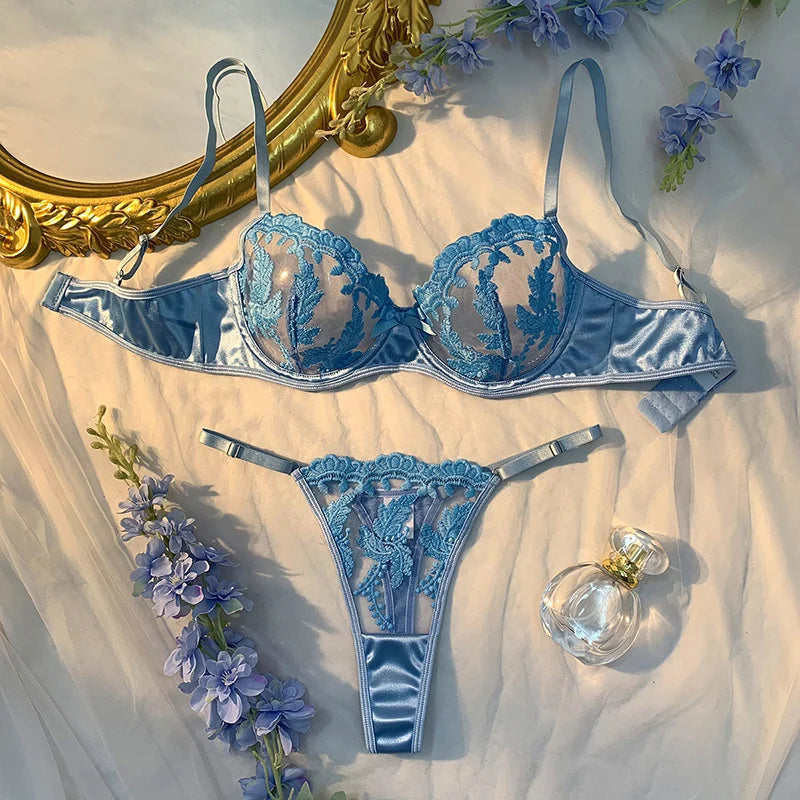 Sexy Women Lingerie Set Dark Blue Ultra Thin Mesh Underwear Delicate Embroidered Bra and Panties Sets Translucent Sexy Lingerie