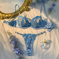 Sexy Women Lingerie Set Dark Blue Ultra Thin Mesh Underwear Delicate Embroidered Bra and Panties Sets Translucent Sexy Lingerie