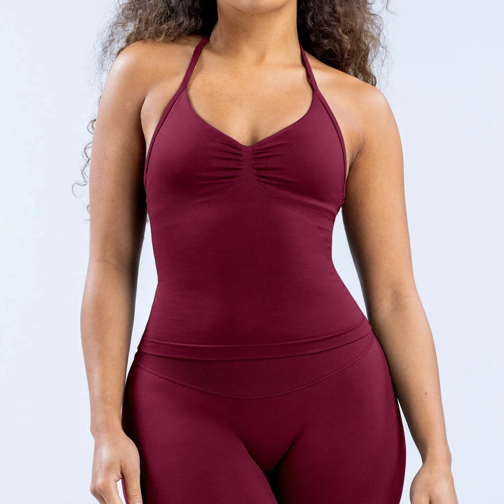 Women's Halter Neck Yoga Tank Top, Front Ruched Seamless Sports Bra Short Top, High-Elastic Soft Nylon Spandex Fitness Wear, Slim-Fit Sleeveless Running Training Fitness Tank Top