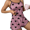 Ice Silk Women's Pajama Set Round Neck Pink Heart Shaped Print T Shirts Shorts Comfortable Casual Summer