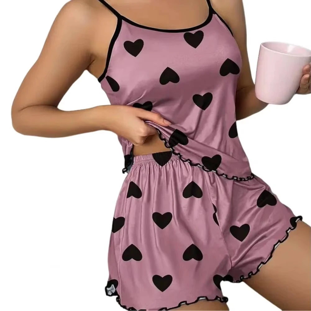 Ice Silk Women's Pajama Set Round Neck Pink Heart Shaped Print T Shirts Shorts Comfortable Casual Summer