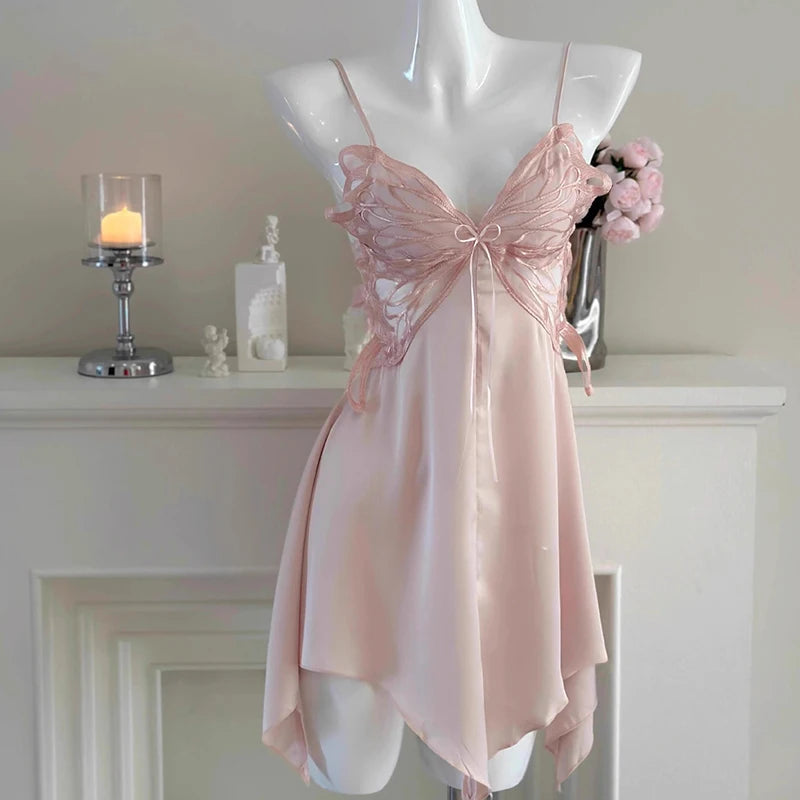 Sexy Ice Silk Sleepwear Women's Strap Butterfly Knot Home Clothes Comfortable Breathable V-neck Short Dress Home Clothes