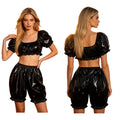 2 Piece Women Nursing Homewear Sets Waterproof Vinyl Ruffled Pajamas Set Short Puff Sleeve Crop Top and V-shaped Waist Bloomers