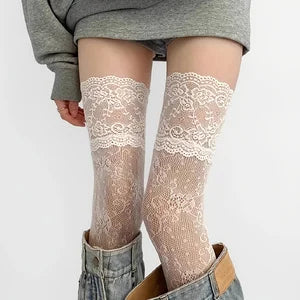 1 Pair Women's Over-Knee Socks with Floral Lace Trim Net Design for Boots Dresses Jeans - Vintage Style