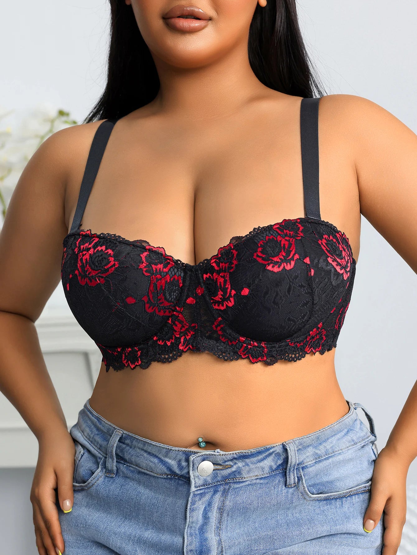 Plus Size Lace & Embroidery Women Bra Wide straps Underwire Side Support Push Up Bra Supportive Thin Cup Lingerie for Women