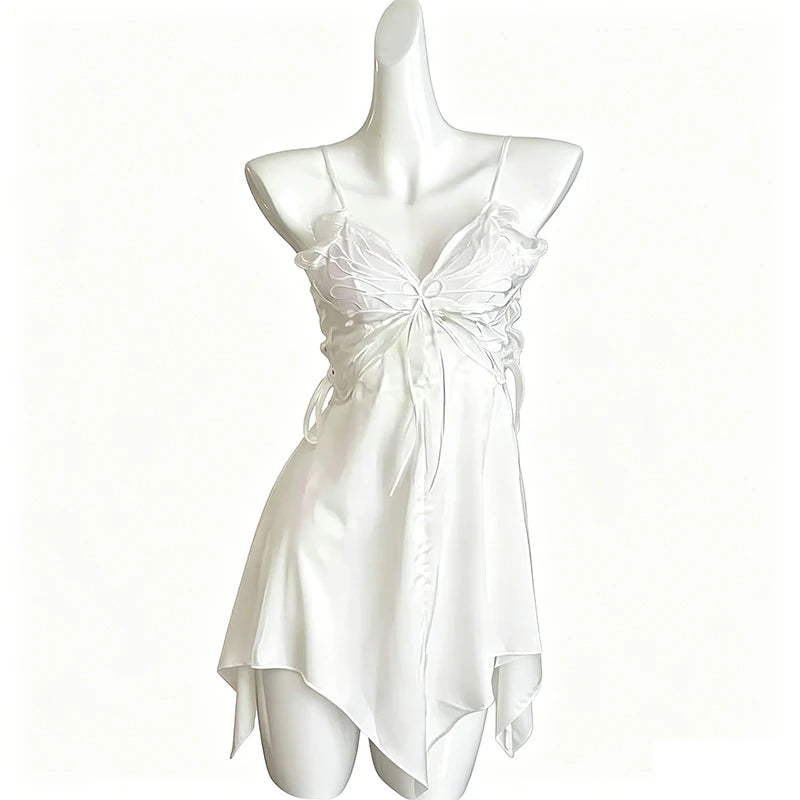 Sexy Ice Silk Sleepwear Women's Strap Butterfly Knot Home Clothes Comfortable Breathable V-neck Short Dress Home Clothes