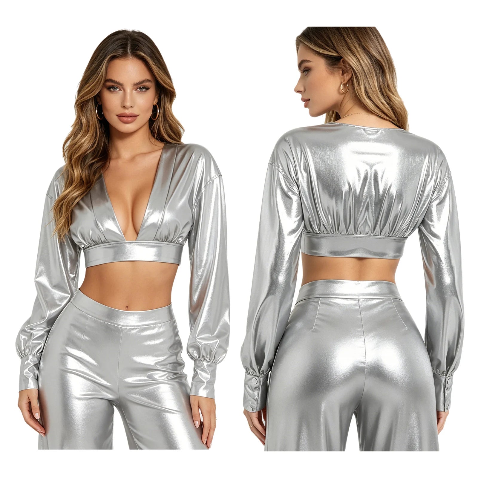 Womens Y2K Metallic Shiny Hip Hop Crop Top Deep V Neck Balloon Long Sleeve Button Cuffs Blouses Tops Disco Party Rock Clubwear