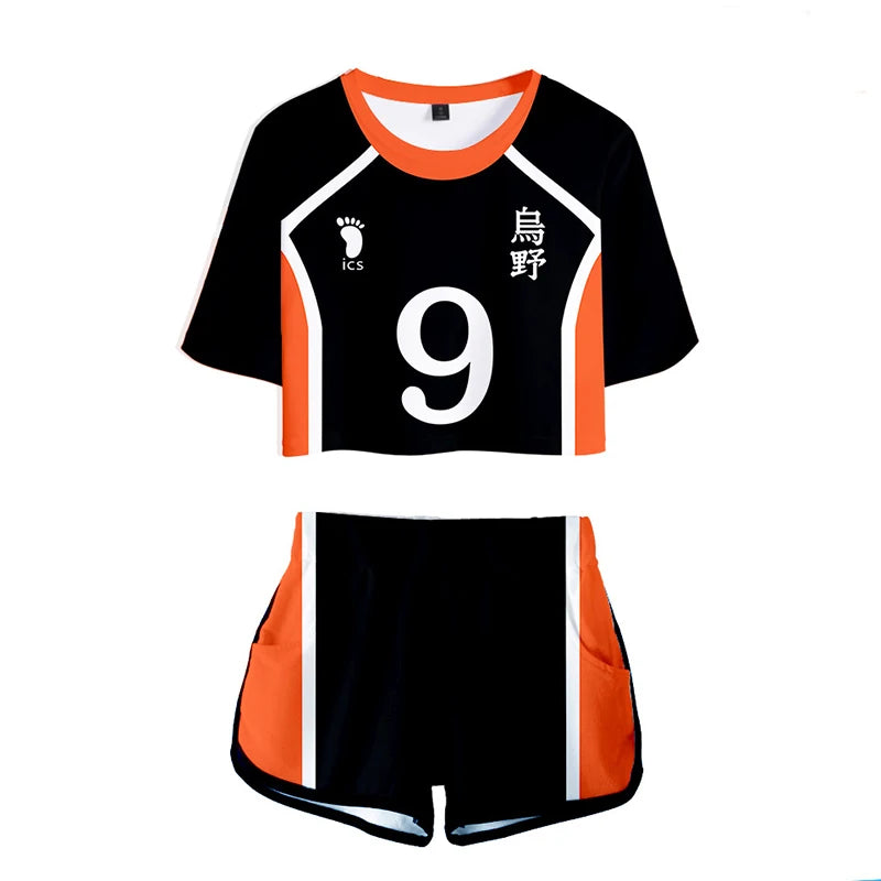Karasuno Koukou Cosplay Costume Summer Girls Cheerleading Uniform Women Anime Crop Top Short-sleeved T-shirt Shorts