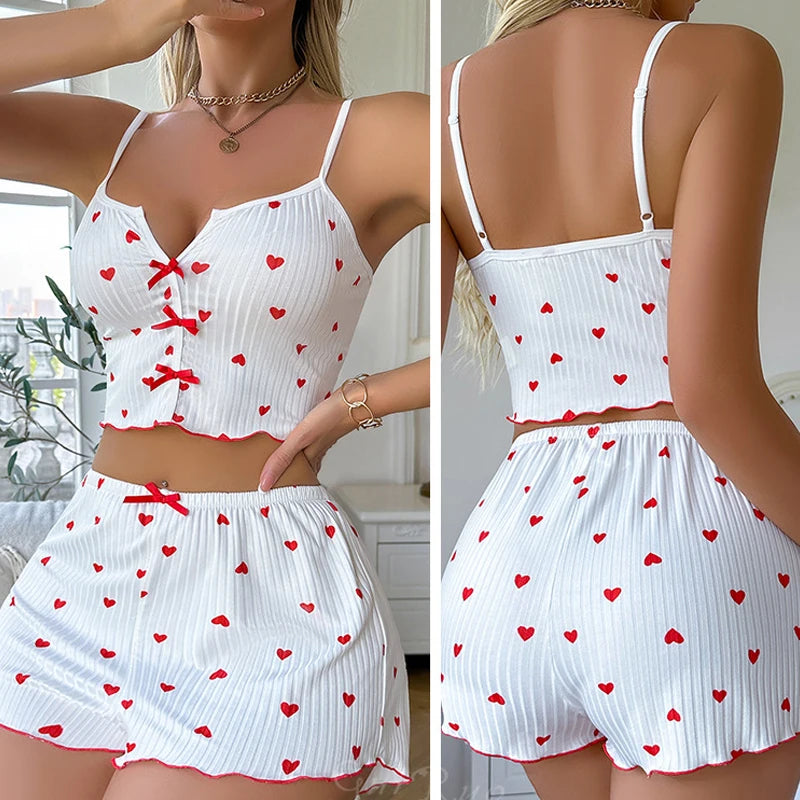 Sexy Sleepwear Women Pajamas Set Heart Print Silk Stain V-Neck Sleeveless Casual Cami Top and Shorts Sets Home Suit Loungewear