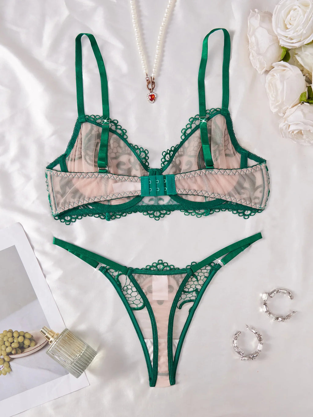 Double Layer Cup Push Up Lingerie Set Floral Embroidery Sheer Mesh 2 Piece Set Sexy Underwear for Women Sexy Bra and Thong Set