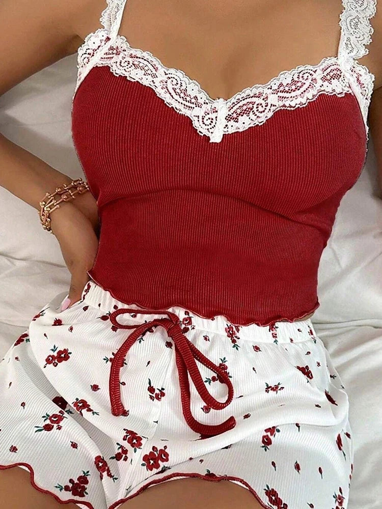Women's Two-Piece Summer Ribbed Knitted Flower Print Lace Trimmed Camisole Vest and Bow Shorts Sexy Pajama Set