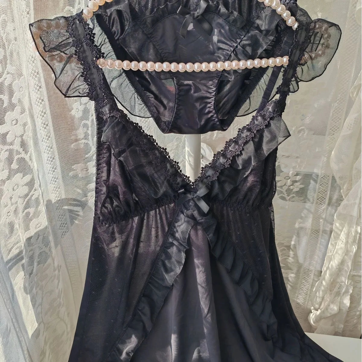 Women Black Ice Silk Nightgown Set Spaghetti Strap Bow Lace Ruffle Sleep Dress With Matching Panties Sexy Lingerie Home Pajamas