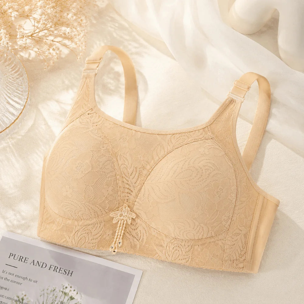 Lingerie Anti-Sagging Wireless Push-Up Bra Underwear Floral Mesh Large Size Bra Sweet Elderly Bra Four Seasons