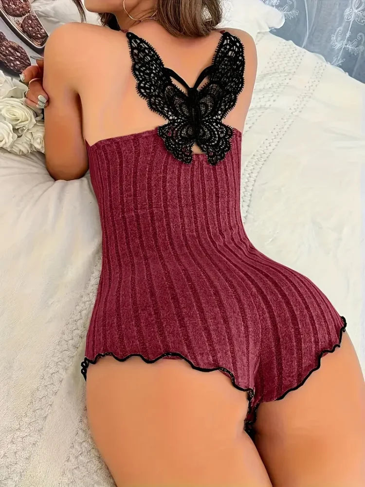 Embroidery Design Pajamas For Women Onesies Summer Sleepwear Lace Splicing Bodysuit Loungerwear Comfortable Back Butterfly