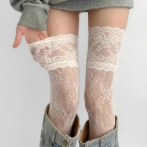 1 Pair Women's Over-Knee Socks with Floral Lace Trim Net Design for Boots Dresses Jeans - Vintage Style
