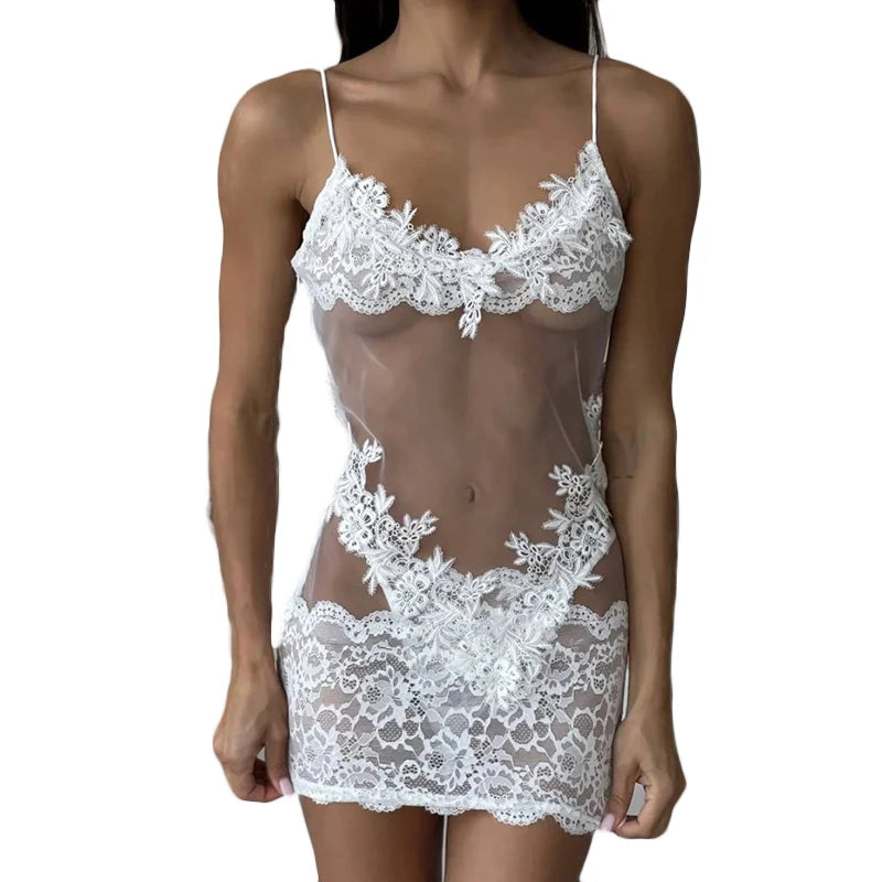 Sexy Lace Chemise Nightgown Women Sheer Mesh Babydoll Sleepwear Solid See Through Clubwear Mini Dress Sleepwear Intimates Slip