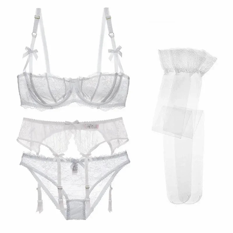 New 2025 Luxury Half Cup Lace Transparent Sexy Lingerie Ultra-thin Solid Shell Style 4 Pieces/Lots Bra Set Garter and ☆★☆★qq