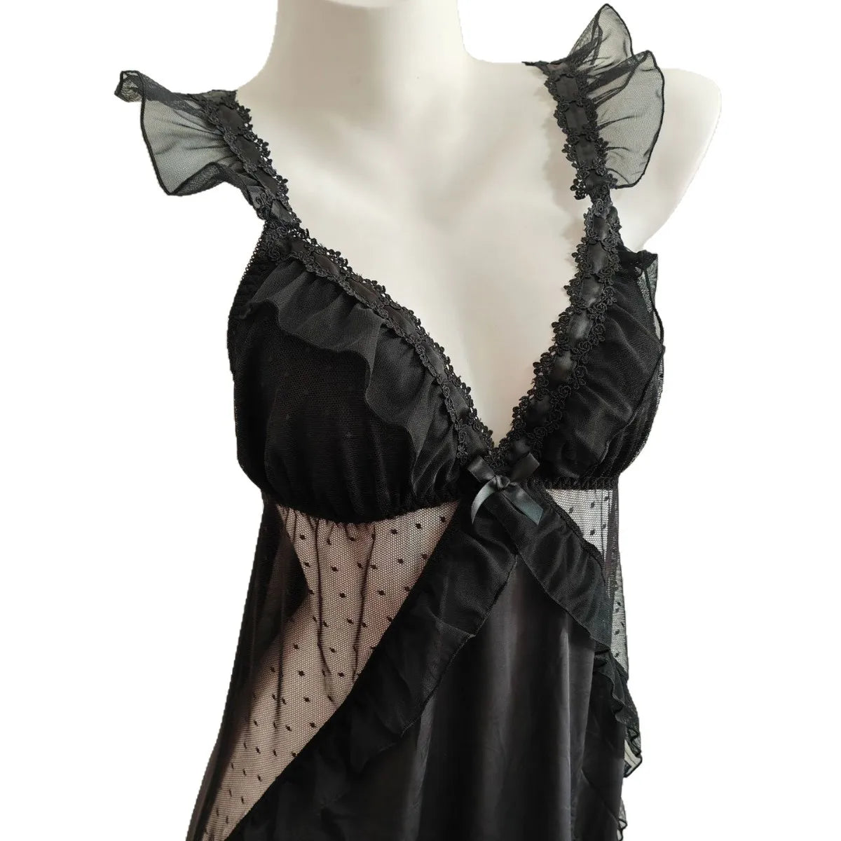 Women Black Ice Silk Nightgown Set Spaghetti Strap Bow Lace Ruffle Sleep Dress With Matching Panties Sexy Lingerie Home Pajamas