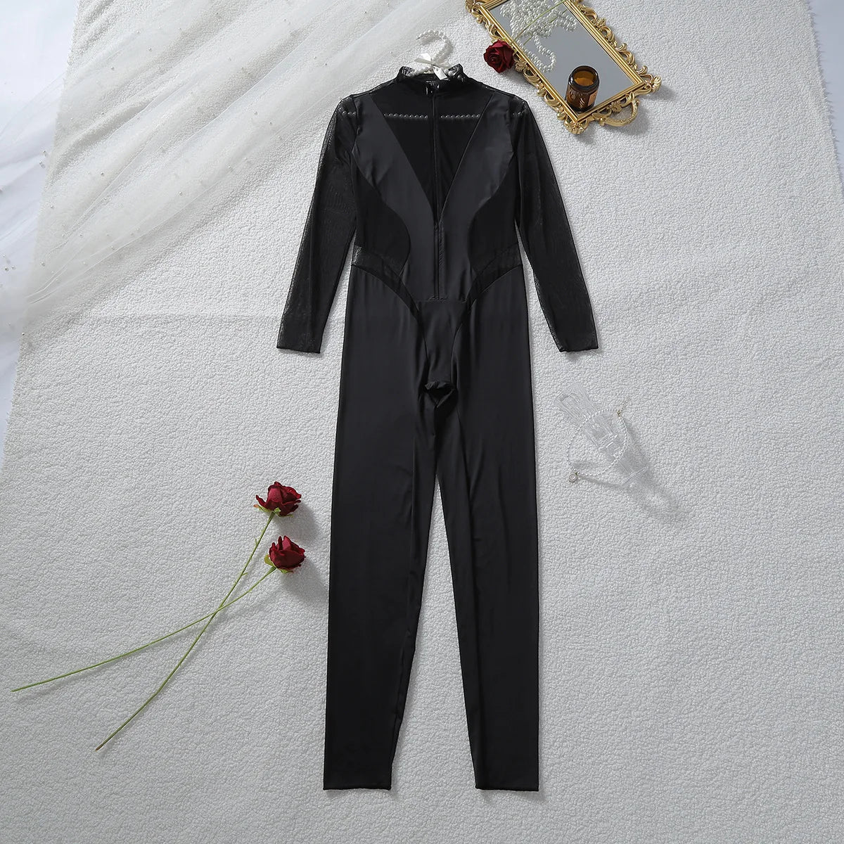 Ellolace Cougar Lingeries Femme Ultra Hot Long Sleeve High Neck Jumpsuit Splicing Pattern Zip-Up Catsuit Slim Shape Chic Outfits