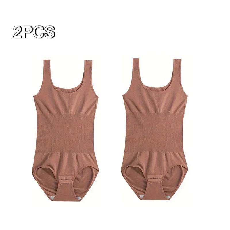 2pcs Body Shapewear For Women Seamless Solid Shaping Full Bodysuit Crew Neck Tummy Control Breathable Body Shaper Underwear
