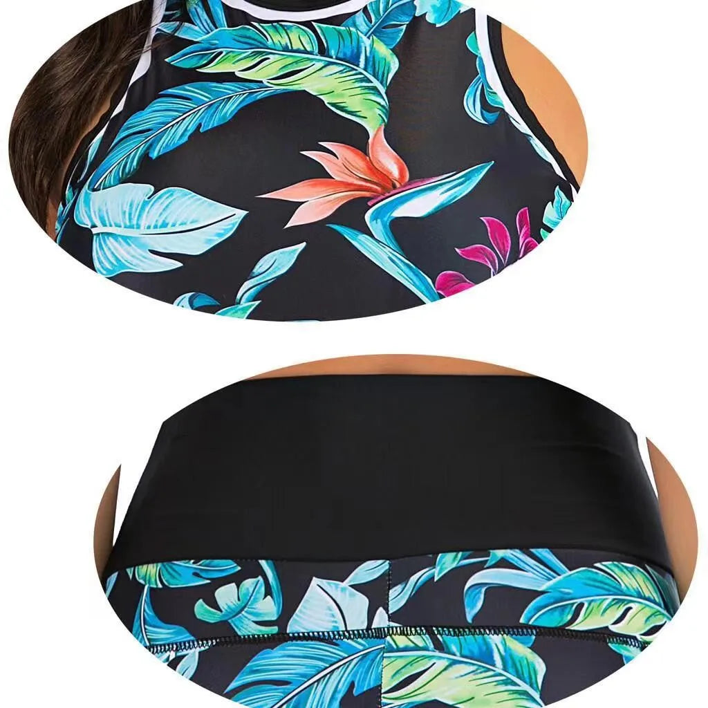 Y2K Bikini Woman Tankini With Shorts Crop Top High Waist Tropical Print Swimwear Blue Green Pink Halter Neck Two Piece Swimsuit