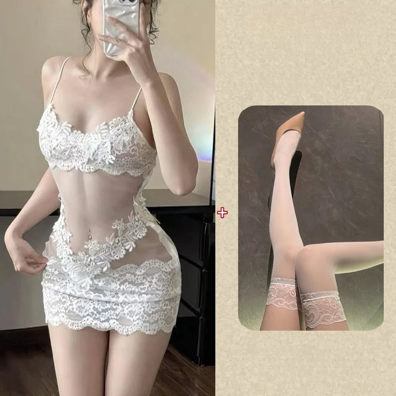 Sexy Lace Chemise Nightgown Women Sheer Mesh Babydoll Sleepwear Solid See Through Clubwear Mini Dress Sleepwear Intimates Slip