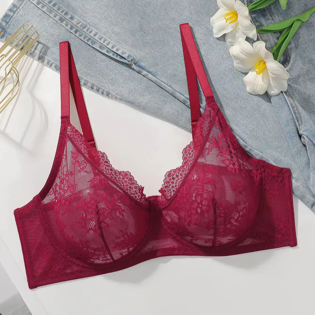 Women Plus Size Red Lace Sheer Bra Underwire Unlined Full Coverage Brassiere Embroidery Mesh See Through Lingerie for Big Bust