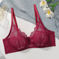 Women Plus Size Red Lace Sheer Bra Underwire Unlined Full Coverage Brassiere Embroidery Mesh See Through Lingerie for Big Bust