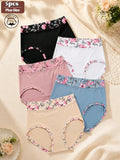 5PCS Plus Size Women's Flower Print Panties, Mid Waist Full Coverage Briefs Set, Soft Fashion Underwear sets,Summer Daily Wear,