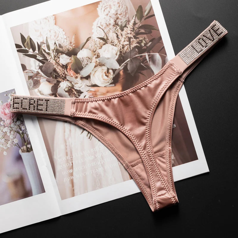 Letter Sexy Panties Women Thongs Rhinestones Diamonds G-string Sports Thong Low Waist Shorts Briefs T-back Fitness S-XL