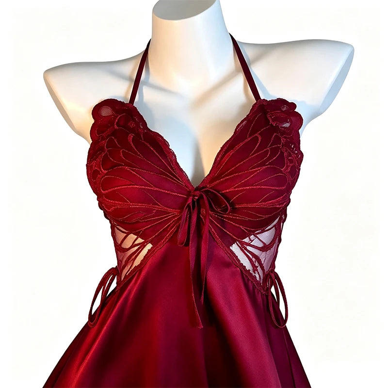 Sexy Ice Silk Sleepwear Women's Strap Butterfly Knot Home Clothes Comfortable Breathable V-neck Short Dress Home Clothes