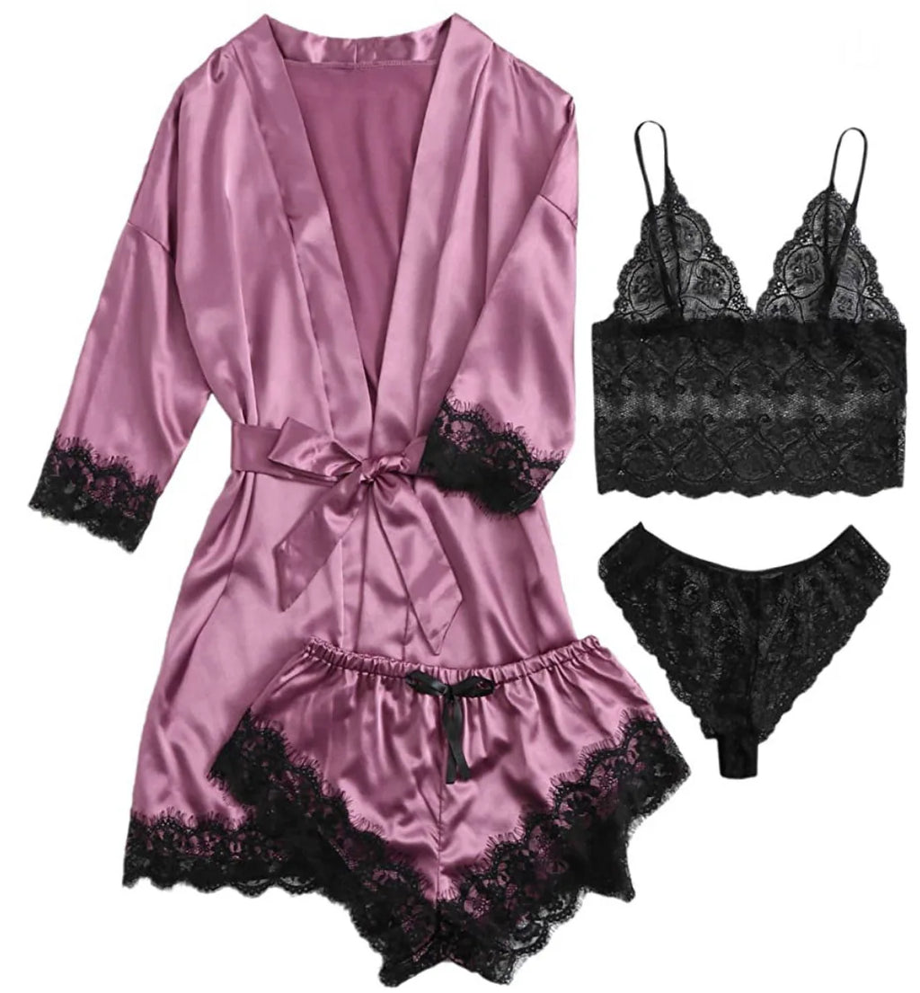 2025New Women's Pajama Fashion 4-piece Set Lace Satin Strap Sexy Pajama Set Dress Skin friendly Comfortable Casual Pajama Skirt