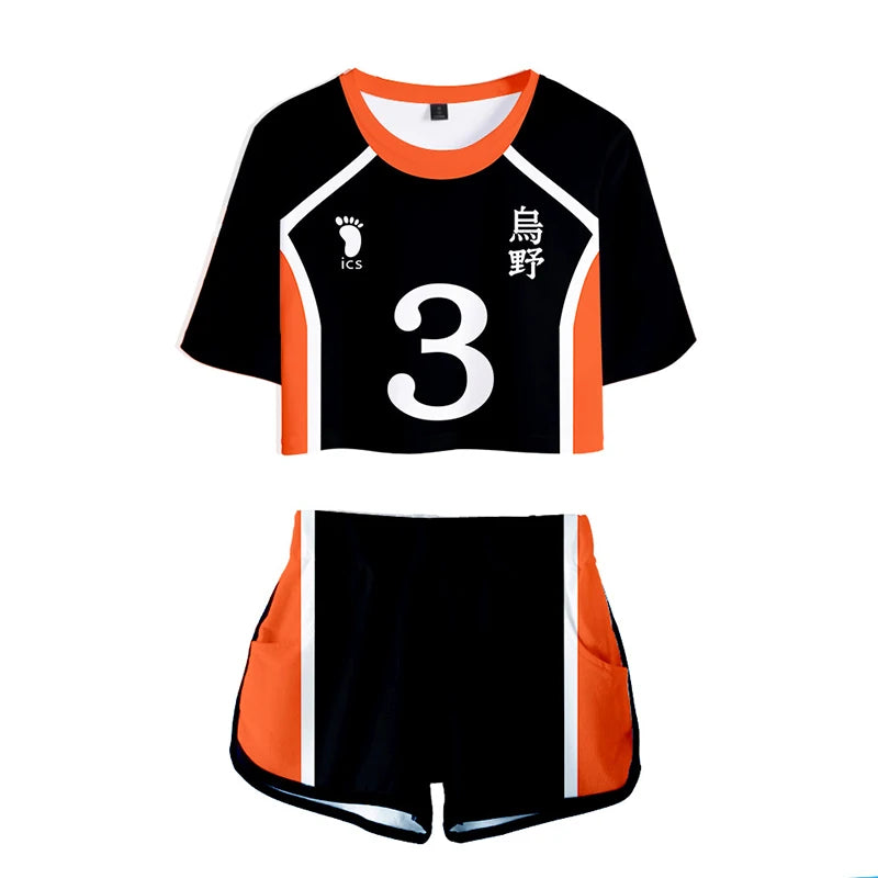 Karasuno Koukou Cosplay Costume Summer Girls Cheerleading Uniform Women Anime Crop Top Short-sleeved T-shirt Shorts