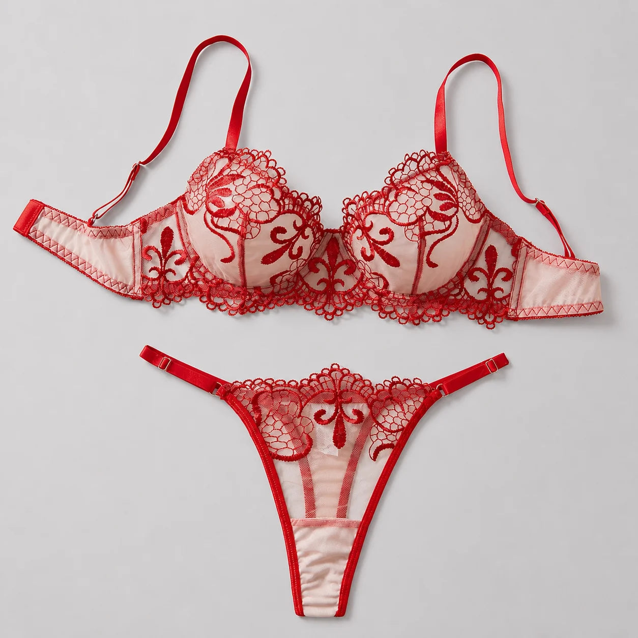 Double Layer Cup Push Up Lingerie Set Floral Embroidery Sheer Mesh 2 Piece Set Sexy Underwear for Women Sexy Bra and Thong Set