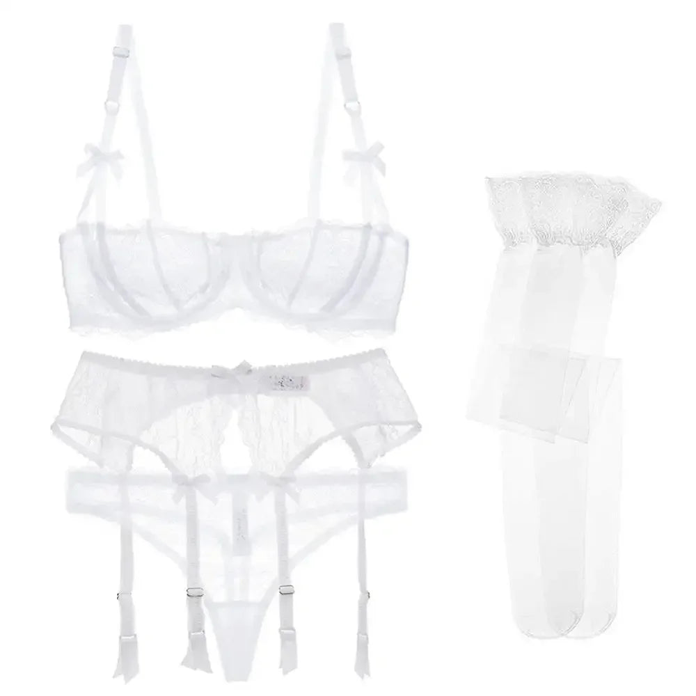 New 2025 Luxury Half Cup Lace Transparent Sexy Lingerie Ultra-thin Solid Shell Style 4 Pieces/Lots Bra Set Garter and ☆★☆★qq