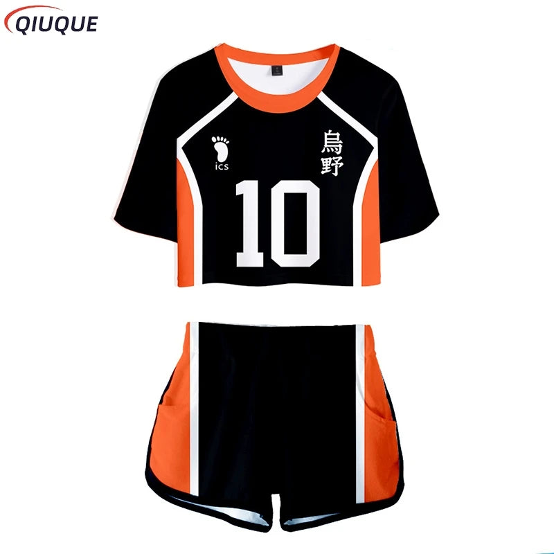 Karasuno Koukou Cosplay Costume Summer Girls Cheerleading Uniform Women Anime Crop Top Short-sleeved T-shirt Shorts