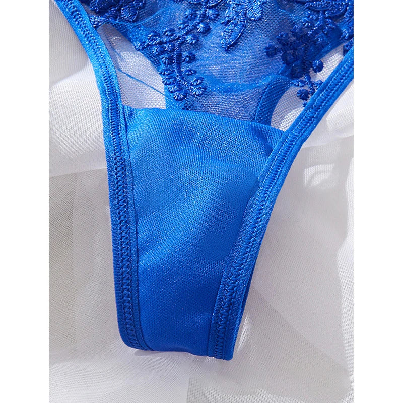 Sexy Women Lingerie Set Dark Blue Ultra Thin Mesh Underwear Delicate Embroidered Bra and Panties Sets Translucent Sexy Lingerie