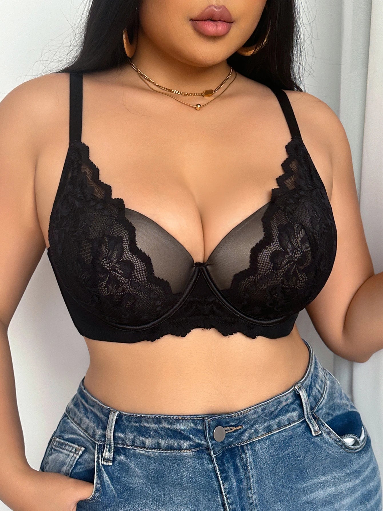 Plus Size Women Bra Floral Lace Side Support Push-Up Bra Comfort Thin Cup Underwire Breathable Mesh Lingerie