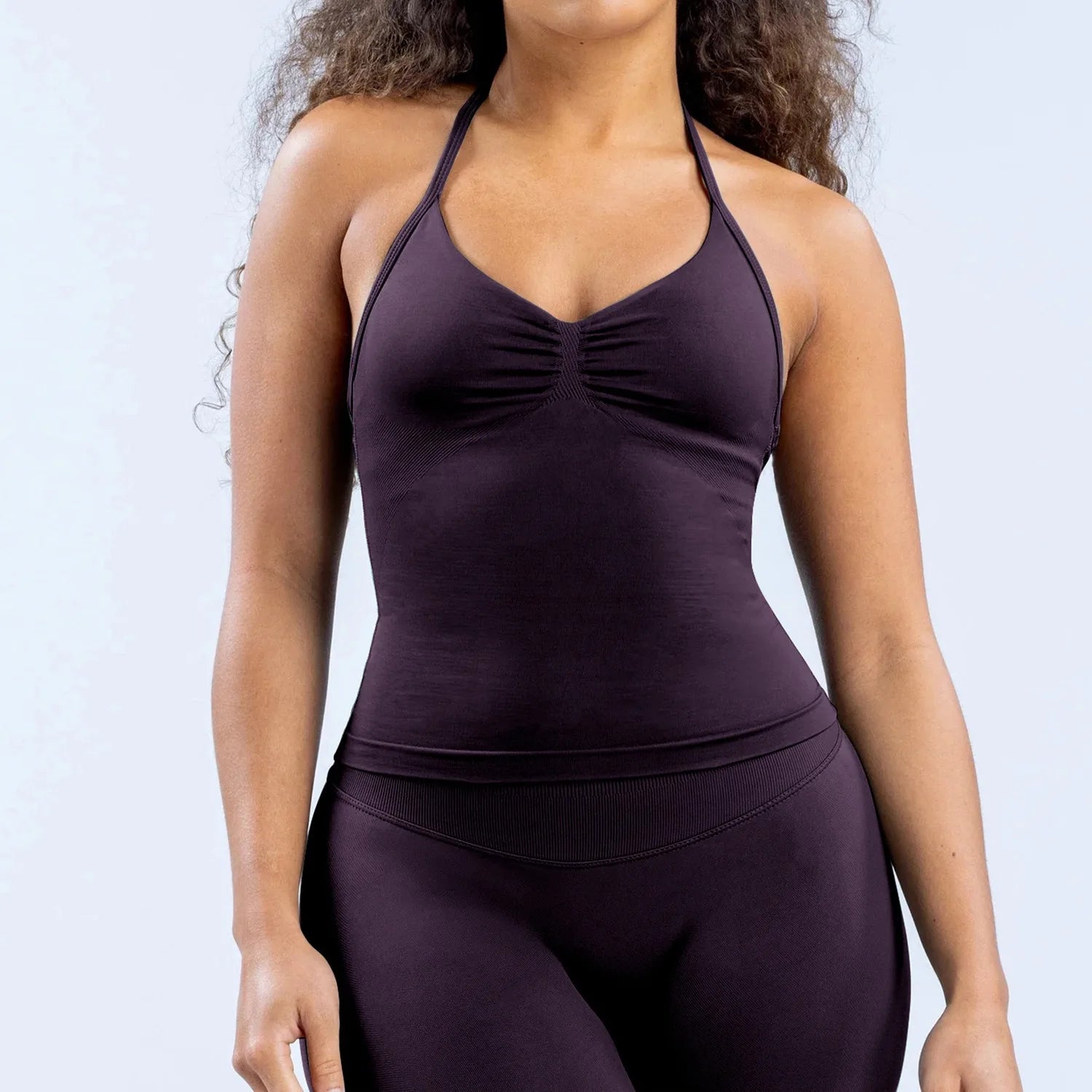 Women's Halter Neck Yoga Tank Top, Front Ruched Seamless Sports Bra Short Top, High-Elastic Soft Nylon Spandex Fitness Wear, Slim-Fit Sleeveless Running Training Fitness Tank Top