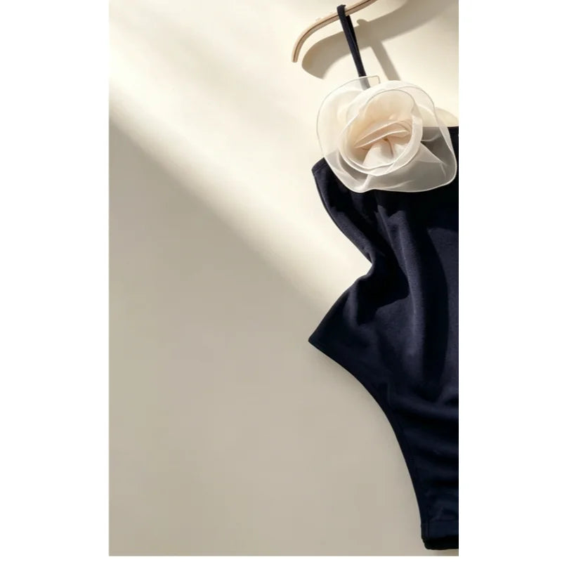Women Sexy French Elegance Sleeveless Patchwork Flower Gauze Hotsweet Underwear Comfortable Black Bodysuits Camis Slimming New