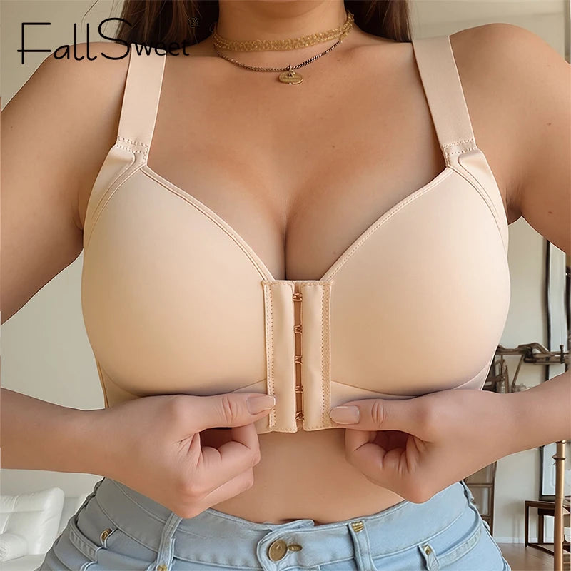 FallSweet Plus Size Wireless Front Closure Bra for Women Seamless Thin Cup Soft Comfortable Breathable Mom Lingerie Brassiere