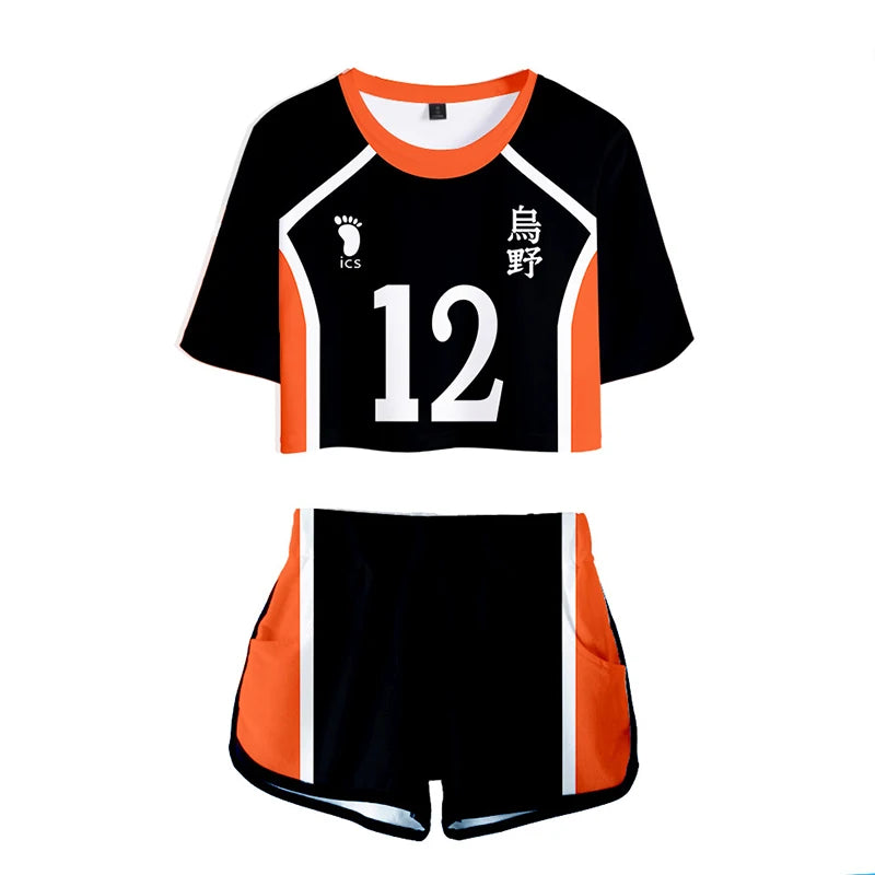 Karasuno Koukou Cosplay Costume Summer Girls Cheerleading Uniform Women Anime Crop Top Short-sleeved T-shirt Shorts