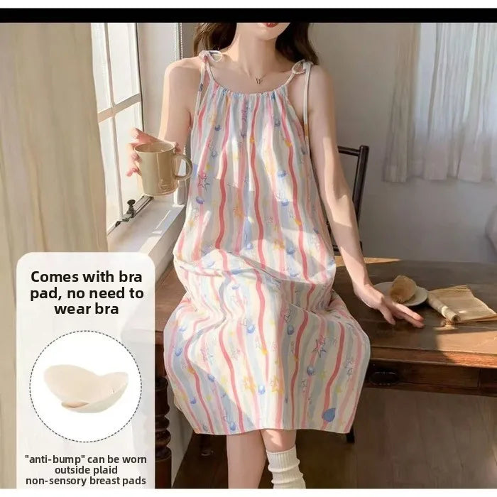 Cloud Cotton Camisole Nightdress With Chest Pads Women, Summer Sleepwear, Lightweight Casual Slim-Fit Dress