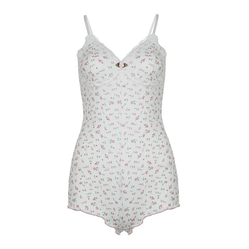 Sexy pajamas pure style V-neck small floral suspender nightdress sexy rose floral jumpsuit suspenders