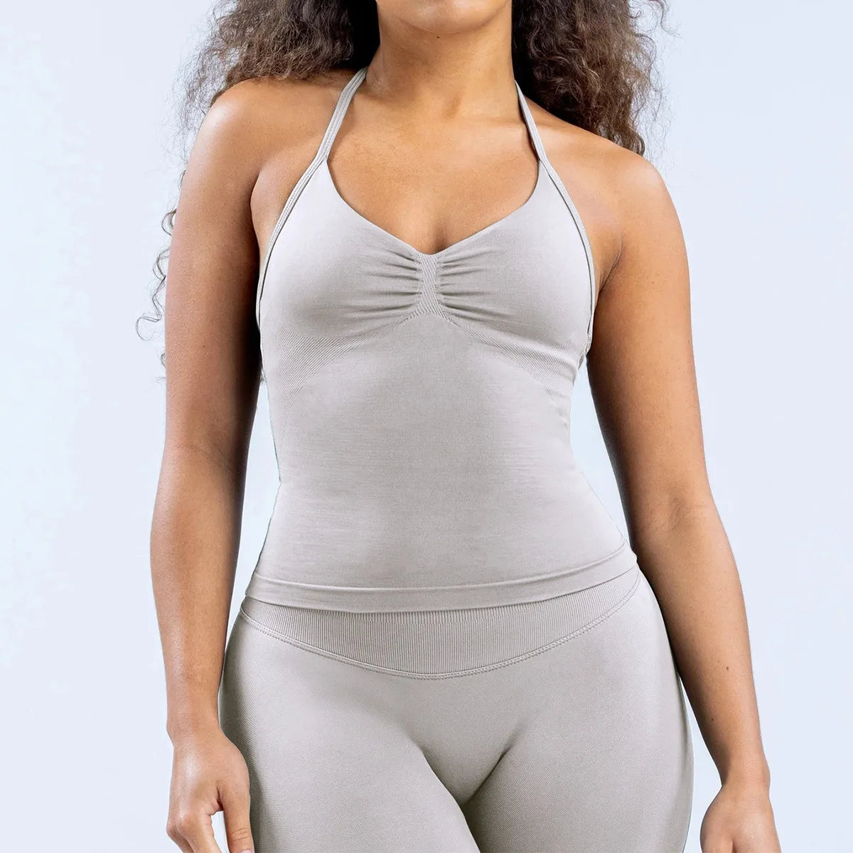 Women's Halter Neck Yoga Tank Top, Front Ruched Seamless Sports Bra Short Top, High-Elastic Soft Nylon Spandex Fitness Wear, Slim-Fit Sleeveless Running Training Fitness Tank Top