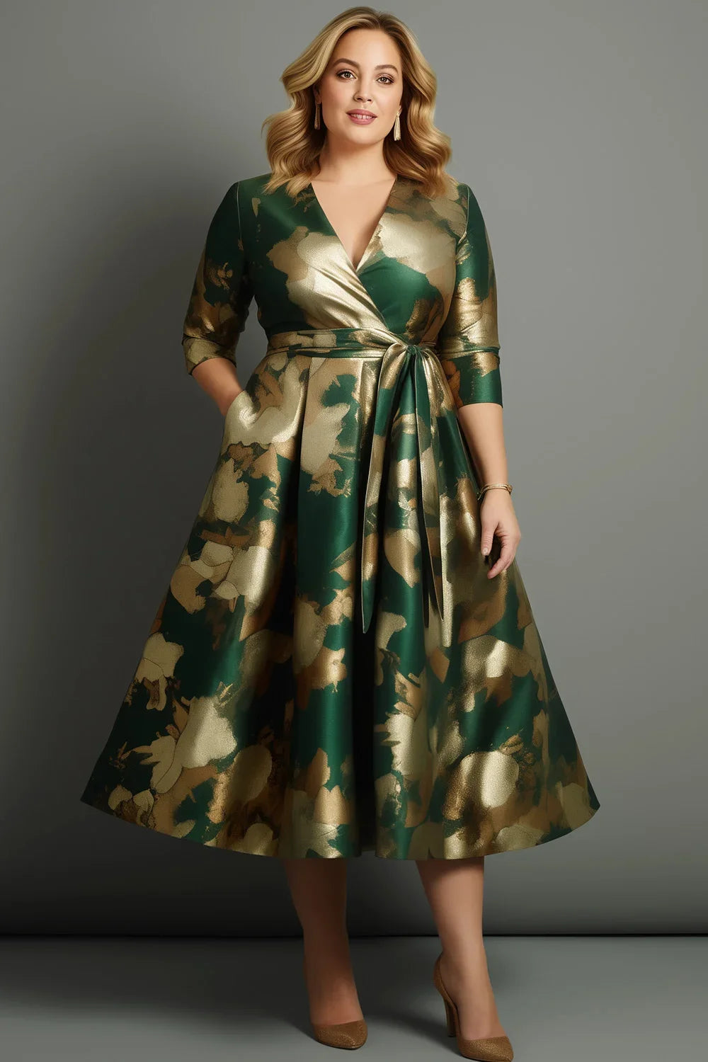 Plus Size Cocktail Dark Green Satin Floral Print Wrap 3/4 Sleeve Sexy V-neck Tea-Length Dress