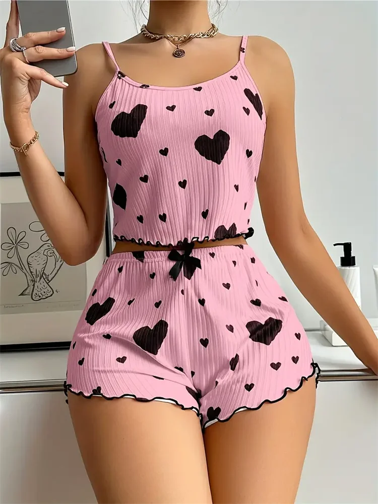 5 Size Choose S M L XL 2XL Women's Pajamas Set Straps Sleepwear Vest + Shorts Red Heart Print Nightwear Sexy Lingerie