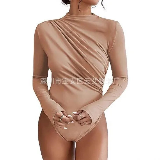Hot Lingerie Jumpsuit Draped Front Romper Women's Body Lingerie Long Sleeve Bodysuit Minimalist Monochrome Solid Color